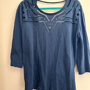 BKE Navy 3/4 Sleeve Top with Geometric Cutouts